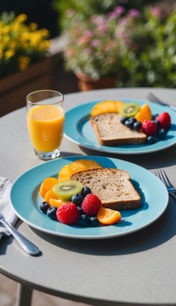A bright outdoor breakfast setting with two blue plates featuring whole-grain toast, fresh fruits like kiwi, blueberries, strawberries, and orange slices. A glass of orange juice sits beside the plates on a round table, with sunlight casting a warm glow. Lush green plants and blooming flowers in the background enhance the fresh and inviting atmosphere