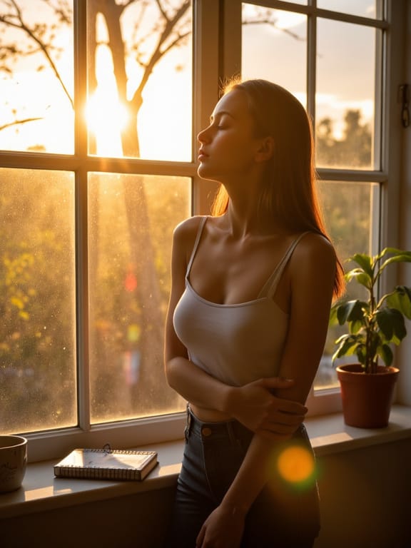 A person starting their morning routine standing by a large window, eyes closed, as the golden morning sunlight bathes their face. A cozy interior with plants, coffee, and a journal sits on the windowsill.