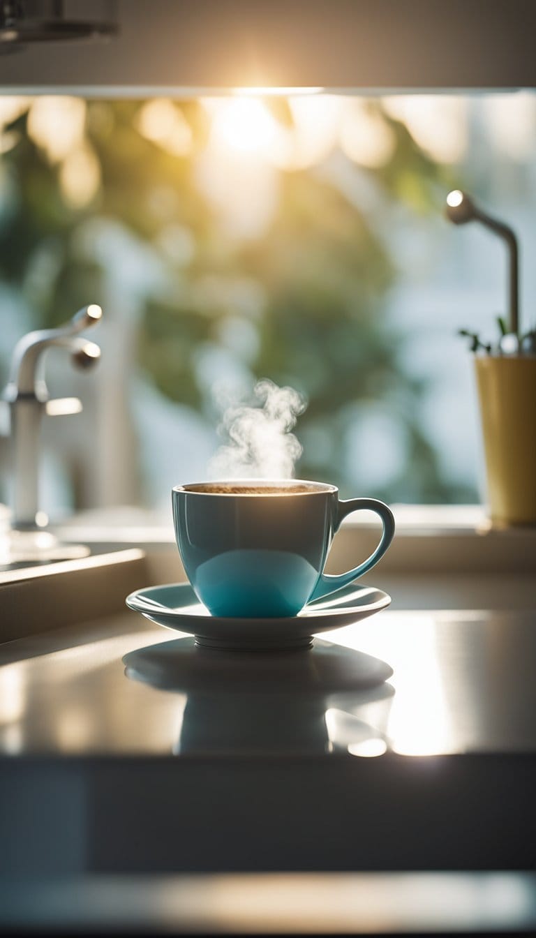 A bright, tidy bathroom with a toothbrush and toothpaste on the sink, a steaming cup of coffee on the counter, and a sunlit window