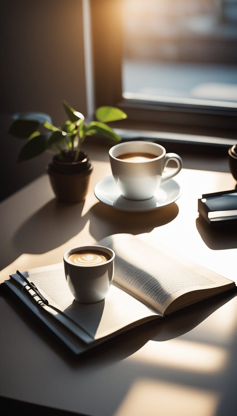 A sunlit room with a neatly made bed, a steaming cup of coffee on a clean desk, and a journal open to a fresh page