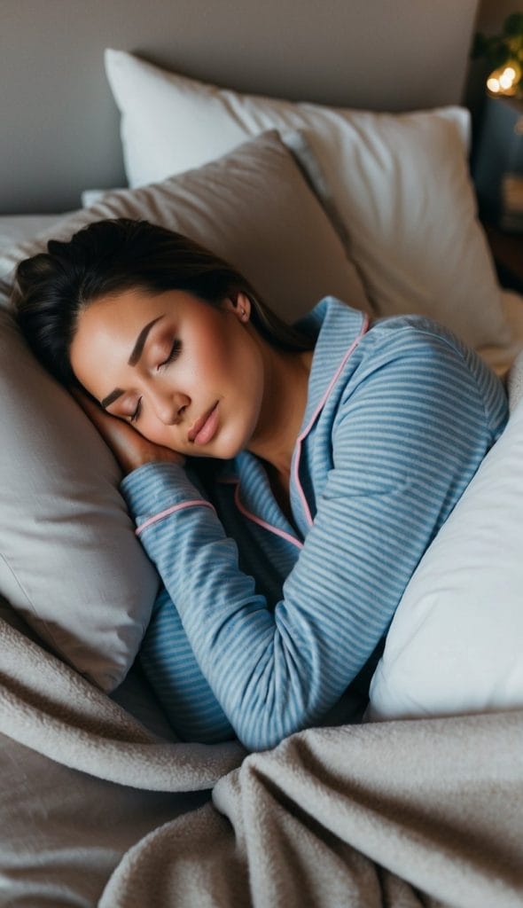 A young woman with dark hair and smooth skin sleeps peacefully in a cozy bed, wearing a soft blue striped pajama set with pink trim. She rests her head on a plush white pillow, surrounded by neatly arranged bedding and a warm beige blanket. In the softly lit background, a small bedside table with a glowing lamp and a potted plant creates a calm and relaxing nighttime atmosphere.